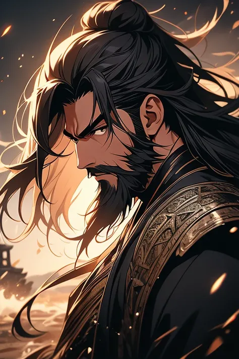 of a man, malefocus，cabelos preto e longos, wearing a hanfu，The hair is neat, at the battlefield. Thousands of troops, ,splash, Siege equipment, Ancient background, ancient wind , exquisite facial features, cool colours, Grow a beard，the complex background...