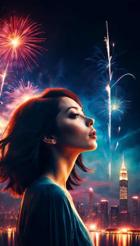 wide wide shot，Expansive night sky，new year，A grand fireworks display，woman portrait，double exposure effect，dramatic lights，Vivid colors，long exposure technology，creative composition，artsy photography，hight contrast，abstract elements，Emotionally captivatin...