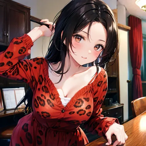 black hair, brown eyes, sexy , large breasts, a leopard print lingerie a leopard print underwear, a hotel bedroom