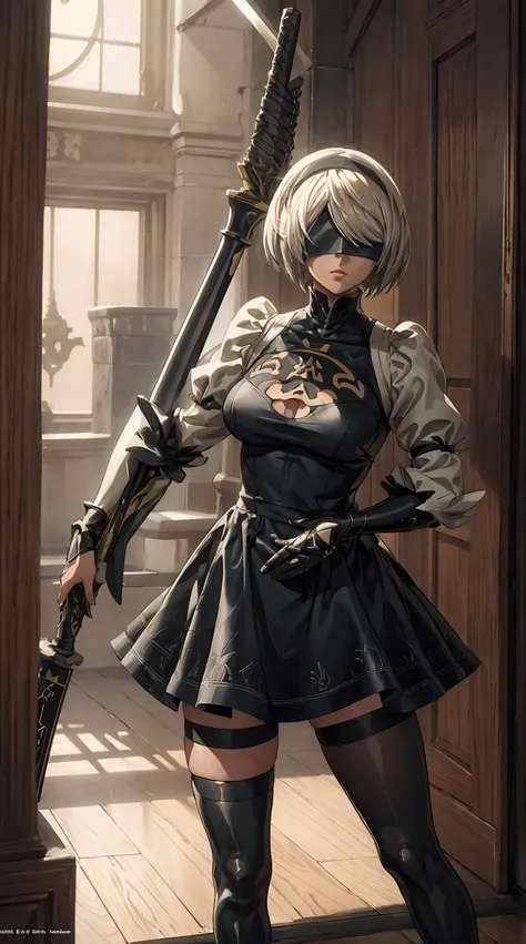 (A blindfolded) 2B from NieR: Automata, holding a weapon, in the best quality and high resolution (8K), creating a masterpiece.