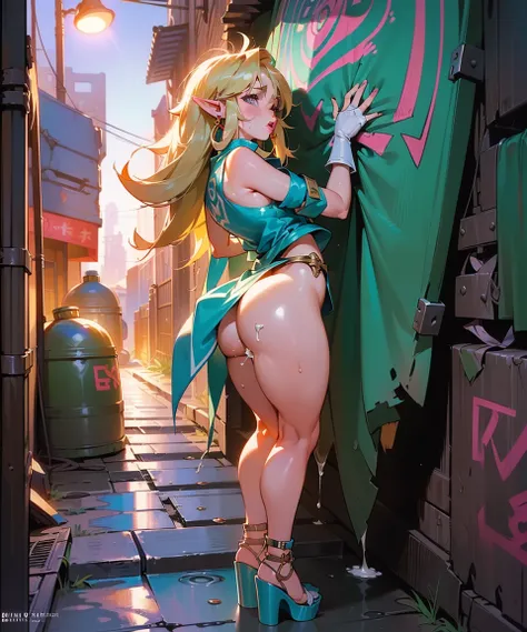 (link:1.5), legend of zelda, GS-Womanly, full body
1girl,  (((bimbo))),(hoop earrings, puffy lips, painted lips, thick lips.:1.2) ((platform heels))
blonde hair, (wide hips:1.2), thick thighs, bursting breasts, huge ass
 (full skirt),navel, tube top, o-rin...