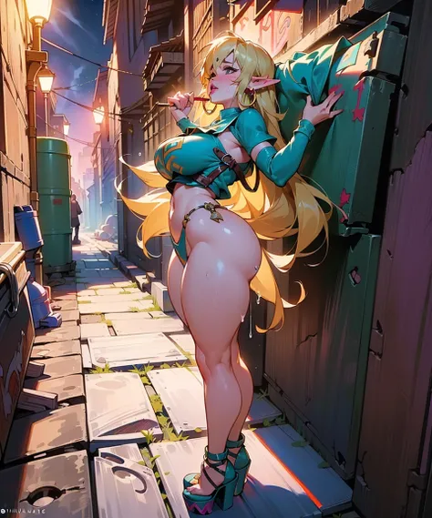 (link:1.5), legend of zelda, GS-Womanly, full body
1girl,  (((bimbo))),(hoop earrings, puffy lips, painted lips, thick lips.:1.2) ((platform heels))
blonde hair, (wide hips:1.2), thick thighs, bursting breasts, huge ass
 (full skirt),navel, tube top, o-rin...