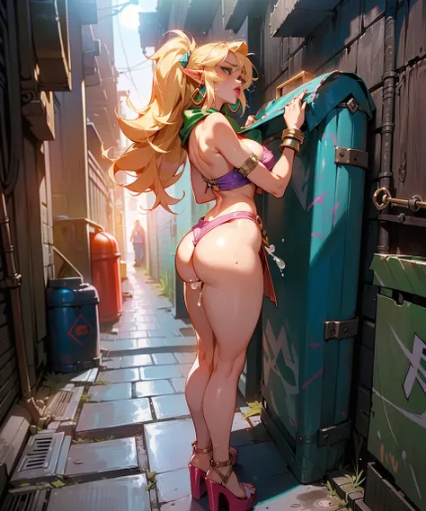 (link:1.5), legend of zelda, GS-Womanly, full body
1girl,  (((bimbo))),(hoop earrings, puffy lips, painted lips, thick lips.:1.2) ((platform heels))
blonde hair, (wide hips:1.2), thick thighs, bursting breasts, huge ass
 (full skirt),navel, tube top, o-rin...