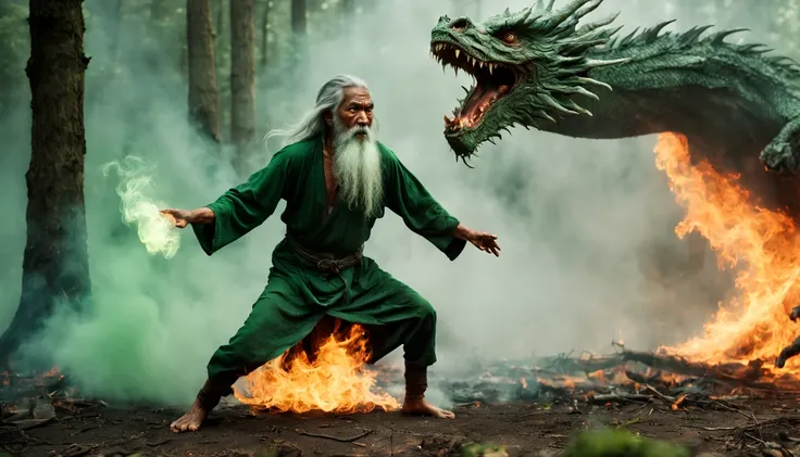 Shot of Sony FX30 35mm. "Zoom on body in motion portrait. Casting green fire magic in fog smoking forest. Weathered Malay Man with green red fire throwing hand. with ancient shining lighting neclace. Long gray hair, silver beard with silver rings sweeping ...