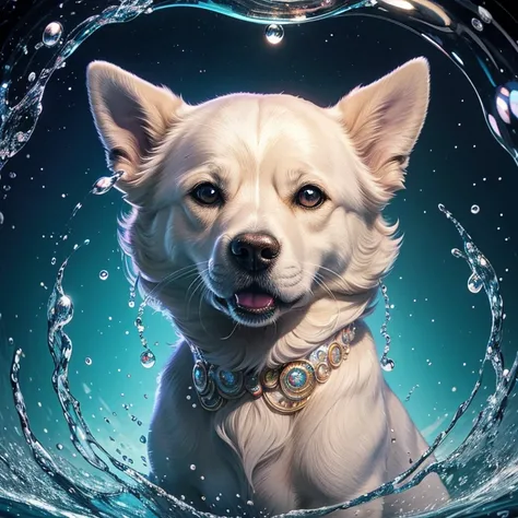 This pearlescent artwork, showcases a mesmerizing blend of pixels, forming a high quality image of a doggy. 
The expertly designed pixels resemble water droplets adorned with intriguing circles. visually stunning and distinctive depiction,
 in Saroj Sahu S...