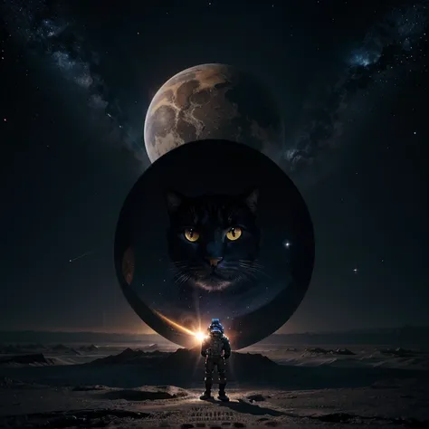 A deep space round planet shaped like a cat head with nose, mouth, eyes, ears, fur and whiskers. Standing on the planet are 2 muscular humanoid space cats holding guns standing upright getting ready for war with another humanoid alien space cat race standi...