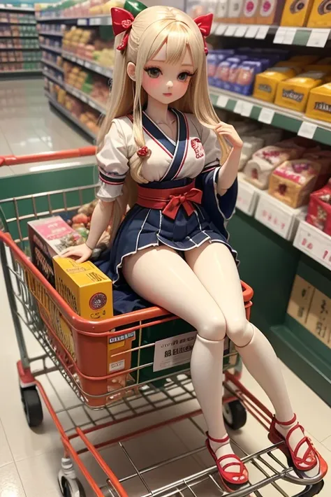 Beautiful and cute 1/4 scale bjd doll, wearing a Japanese high school student, posing in a seductive pose, in a supermarket cart.