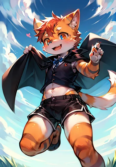 Masterpiece high quality ridiculous resolution full body white fur furry ears furry cat tail orange eyes and blue eyes cute little boy wearing black vest and black shorts and orange striped cape playing on the grass with open mouth blue sky and white cloud...