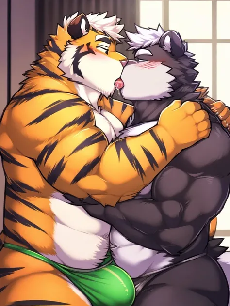 kosutora, tiger and green bear, kemono, bara, licking, duo, kissing, saliva, arm hug, portrait, full body, safe for work, sfw, big bulge,  japanese haori, <3