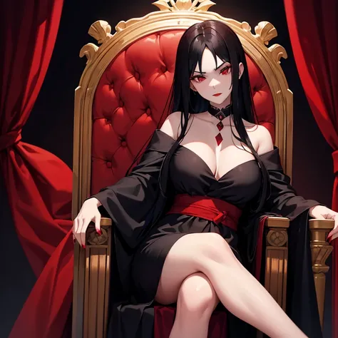 Beautiful girl with long black hair, red lips, in a black robe, sits on the throne with an evil look