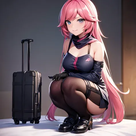 Anime girl sitting on a bed with a suitcase in the background, the Anime girl is crouching, Female protagonist 👀 :8, beautiful Anime girl squatting, De Girls Frontline, seductive Anime girl, female Anime character, Anime. softlighting, 4k Anime wallpaper, ...