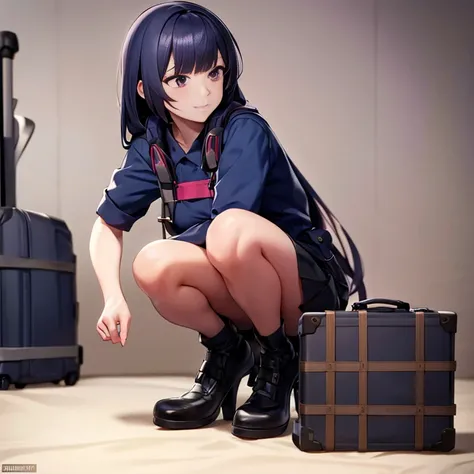 Anime girl sitting on a bed with a suitcase in the background, the Anime girl is crouching, Female protagonist 👀 :8, beautiful Anime girl squatting, De Girls Frontline, seductive Anime girl, female Anime character, Anime. softlighting, 4k Anime wallpaper, ...