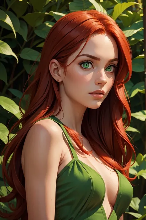 The image is a close-up portrait of a woman with long red hair and green eyes. She is posing with her bare shoulders exposed and a single green leaf placed over her chest. The womans expression conveys confidence as she looks directly into the camera. The ...