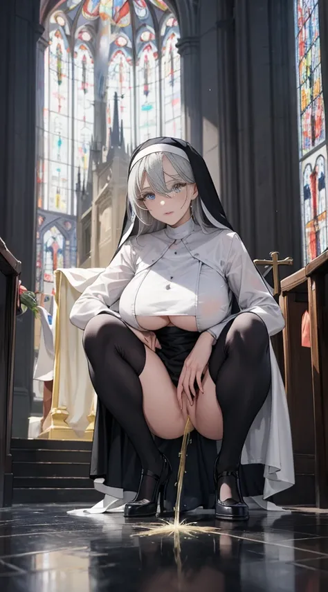 A naked nun，In the daytime，Gorgeous church，Light，Divine，huge boobs，black silk，Fine details，Color glass，Church background，Long white hair, realistic blue eyes，perfect eyes, Eyes facing the camera, squat, peeing, open legs, the floor was wet with his urine, ...