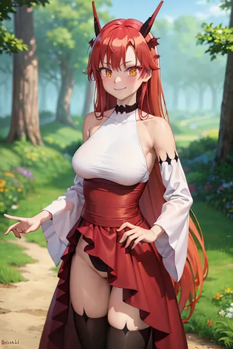 (best quality:1.1), (masterpiece:1.4), (absurdres:1.0), cowboy shot,
1girl, tania, KizukiAi, dragon girl, dragon horns, red hair, orange eyes, large breasts, long hair, collar, white top, (long red skirt:1.2), detached sleeves, thighhighs, dragon tail, loo...