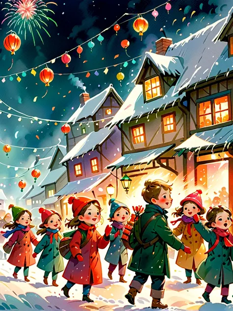 kids book, randolph caldecott style，(cartoon:1.2) ，(illustration captures the essence of new year’s day)，(lanterns and festoons)...