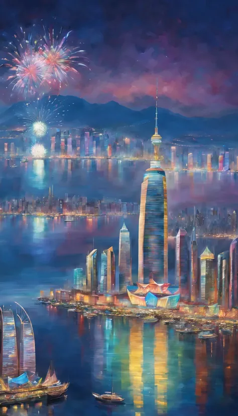 wide wide shot,Expansive night sky,new year,(oil painted): Victoria Harbor night view,Sparkling reflections dance on the water,Gleaming skyscrapers lining the harbor,Spectacular fireworks display,Soft shadows and highlights,