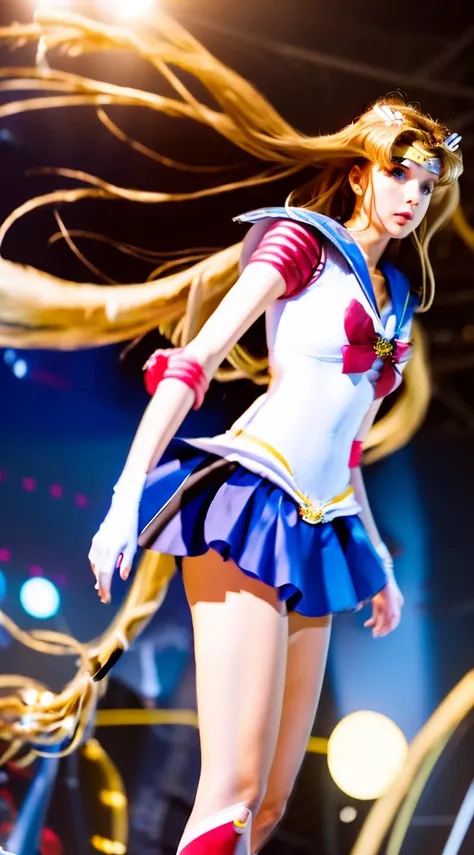 Best texture、High quality、Ulutra HD、8K、Full body form、1 girl in、Japanese actressl、25-years old、sailormoon、Red chest ribbon、blue pleated miniskirt、red knee-length boots、White gloves up to the elbows、There are no extra objects