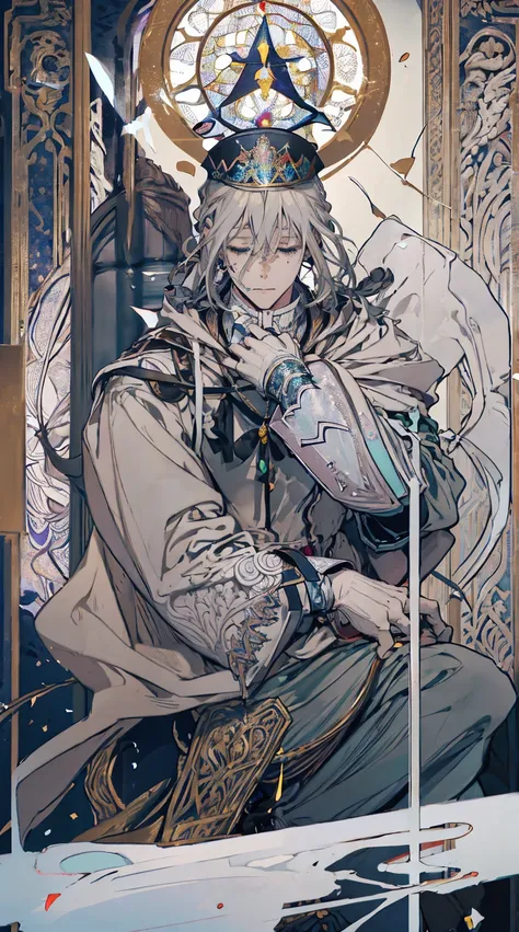 ​masterpiece, top-quality, 1 male human, long grey hair,justice\(tarot\),justice, knights,western、symbolism,visual arts,occult,u...