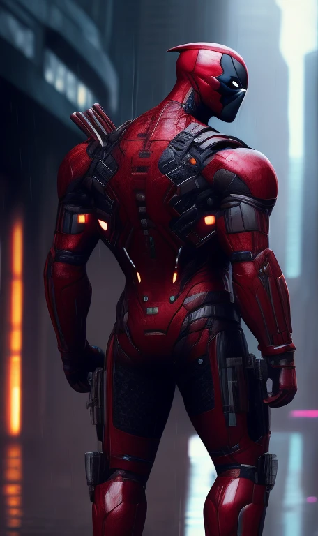 Photo of futurictic cyborg Deadpool from Marvel standing outside the city 17, rainy, rtx, octane, unreal