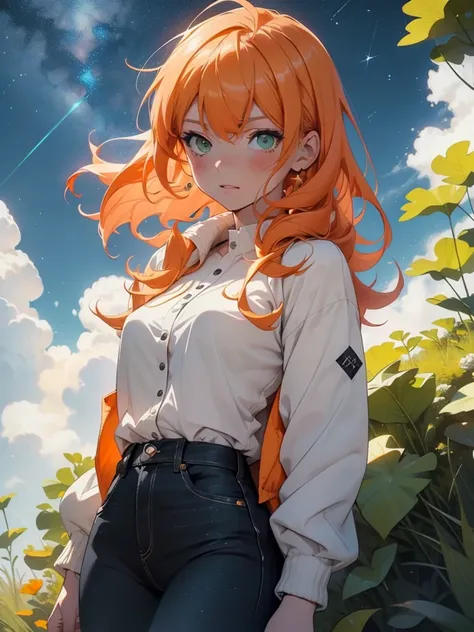 (a sky of falling stars, with a white catgirl with orange hair and green eyes wearing white shirt,orange jacket and black jeans watching on a cliff in the middle, lifting her head to watch the sky in a show studio, anime, digital art, trending on pixiv, ar...