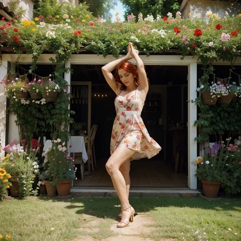 In the garden full of flowers, under the sunlight, red hair milf in floral dresses are dancing, Instagram photo style