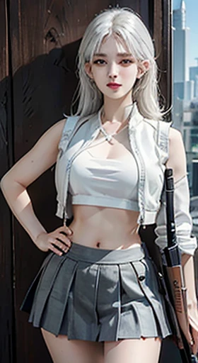 Photorealistic, k hd，high resolution, 1womanl, Solo, Hips up, short  skirt，Bare chest，view the viewer, (Detailed face), White hair, SWAT vests, Gun, jewelry