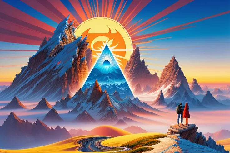 rising sun, new year, spiritual, surreal art, landscape, perspective, mountain summit