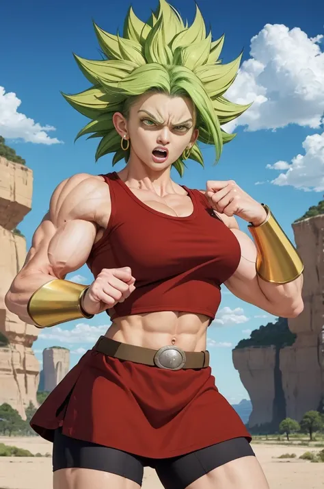 masterpiece, best quality, berserkkale, green hair, muscular female, no pupils, red tank top, red skirt, bracer, midriff, shorts...