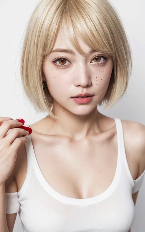 (portrait), (Ayami Kojima style), Nudist, Harunosakura, Blonde Hair, pink eyes, Bob Cut, perfect face, Realistic, lifelike, lipgloss, messy hair, red face, sparkling eyes, Dynamic movement, motion lines, milk on face, White T-shirt, mascara