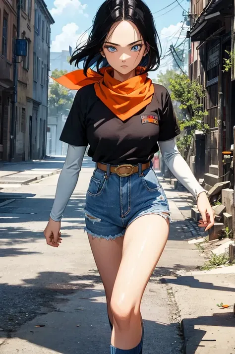 (masterpiece), best quality, expressive eyes, perfect face, highres, 1 girl, solo, android 17 girl, (female body:1.3), blue eyes, black hair,parted hair,short hair, black shirt, jeans, layered shirt, white sleeves,orange bandana, blue sneakers, green socks...