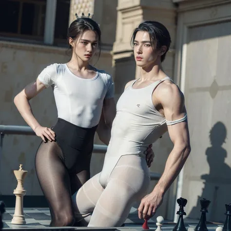 (masterpiece, best quality, 4k, photo, beautiful eyes, male ballet tights, male crotch bulge, buttocks:1.35), (androgynous males, human chess, black pawn checkmates white king:1.5)