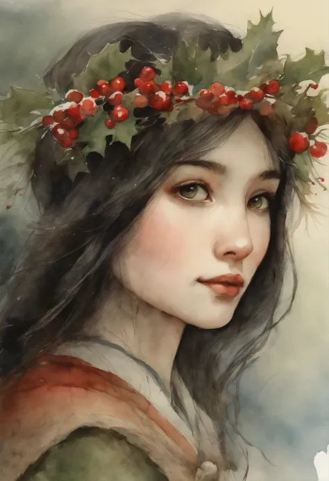 watercolour, Anime style,    真实感, a painting, Fantastic tale, Christmas style, John Tolkien style, Small painting by Jean-Baptiste Monge,  Girl- Her thin straight eyebrows came together into a thread, and dark circles appeared under the eyes.