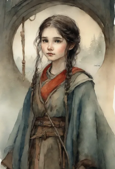 watercolour, Anime style,    真实感, a painting, Fantastic tale, Christmas style, John Tolkien style, Small painting by Jean-Baptiste Monge,  Girl- Her thin straight eyebrows came together into a thread, and dark circles appeared under the eyes.