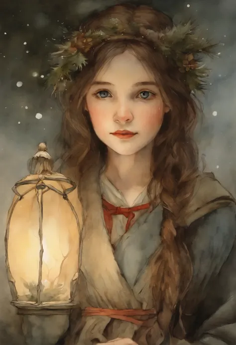 watercolour, Anime style,    真实感, a painting, Fantastic tale, Christmas style, John Tolkien style, Small painting by Jean-Baptiste Monge,  Girl- Her thin straight eyebrows came together into a thread, and dark circles appeared under the eyes.