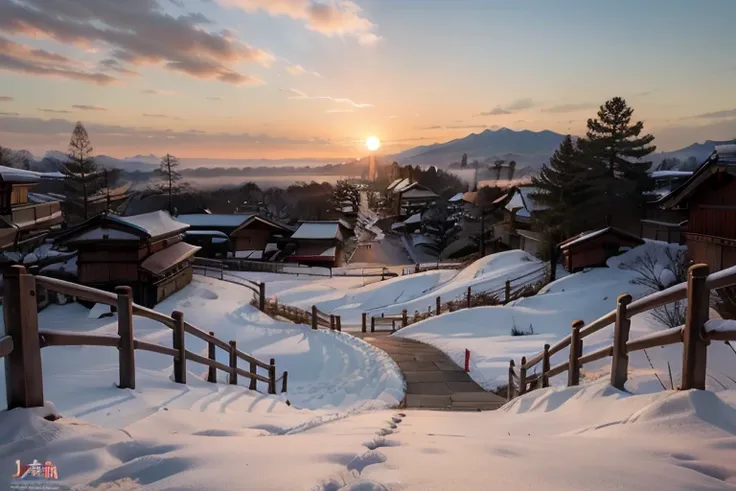 (rising sun:1.2), new year, spiritual, scenery, perspective, top quality, Japan, winter