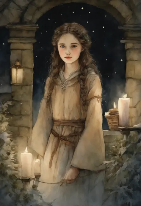 watercolour, Anime style,    真实感, a painting, Fantastic tale, Christmas style, John Tolkien style, Small painting by Jean-Baptiste Monge,  Girl- Her thin straight eyebrows came together into a thread, and dark circles appeared under the eyes.