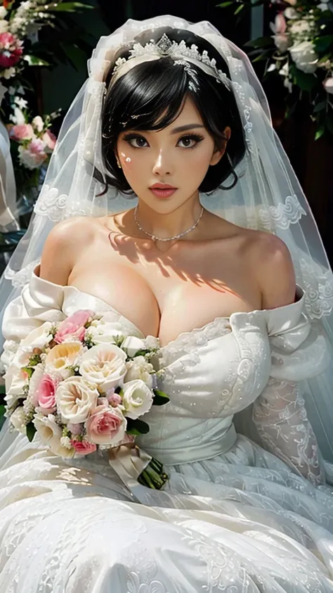 white chapel,
(((wedding dress))),off shoulder, huge boobs,
wedding veil,
holding ((bouquet)),


1girl,kirigaya suguha ( sao),
blunt bangs,
short hair,  twin hair ornament, black hair, hairclip, large breasts, black eyes,