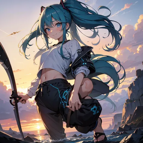 (absurderes、hight resolution、ultra-detailliert)、​masterpiece、top-quality、Girl with a scythe、独奏、miku hatsune、Twin-tailed、blue eyess、ear piercinginely eye and detailed face、((Joggers、sweat pant、sandal))、Sickle design、Complex scythe、Fantasy scythe、evil smile、...