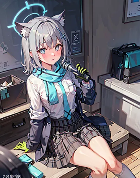 1 girl, Alone, shiroko (bluearchive), Animal ear, a skirt, 围巾, eBlue eyes, jaket, The shirt, white sockes, sockes, tartan a skirt, Animal ear hair, The halo, white The shirt, looking at viewert, Open your clothes, Bao, hair adornments, footwear, blue scarf...