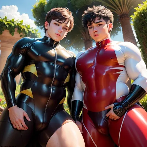 Generate a picture showing only boys. Dont show women or girls. The scene is : 12 years old chubby male gay boy with big ass and 14 years old gay boy wearing tight colored latex, riding horse in paradisiac garden of moroccan garden. Wet bodies. No girls or...