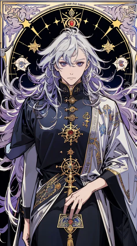 ​masterpiece, top-quality, 1 male human, long grey hair,a sorceress\(tarot\)a sorceress,western、symbolism,visual arts,occult,uni...