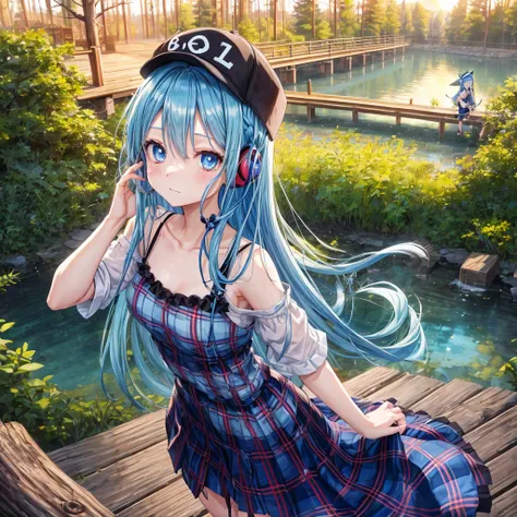 Blue hair、blue eyess、Braids、one good looking girl、独奏、animesque、Plaid miniskirt、Black T-shirt、camisole、the woods、Wearing a plaid baseball cap、bare-legged、Tilting your face、Walking、Crossing a log bridge while keeping balance、Doing the ribbon、have a twig、clim...