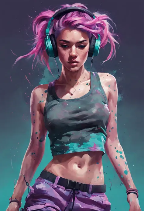 a award winning half body portrait of a beautiful woman in a croptop and cargo pants with ombre purple pink teal hairstyle with head in motion and hair flying listenin to music on headphones by wlop,paint splatter,outrun,vaporware,shaded flat illustration,...