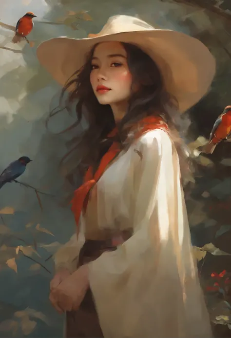 picture of a young European girl in a hat and scarf with a bird, beautiful character painting, jinyoung shin art, Ye Xin, artwork in the style of guweiz, Annie Stegg Gerard, Zhang Han, guweiz masterpiece, guweiz, beautiful portrait, beautiful illustration,...