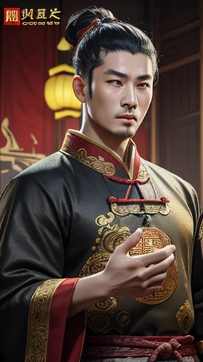 oriental、man in ancient chinese clothes、ancient chinese hairstyle man、three kingdom、multiple warlords、top-quality、​masterpiece、超A high resolution、(Photorealsitic:1.4)、Game Posters、Inside the building、