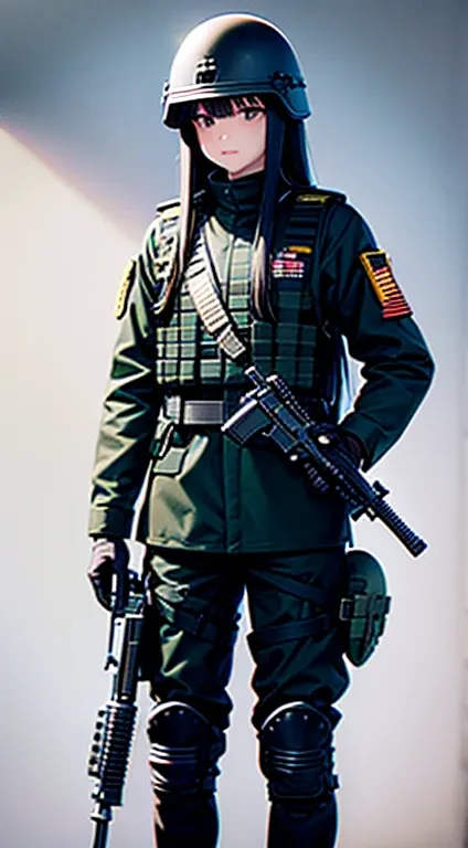 military uniform, bullet-proof armor, holding an M16 rifle, military helmet, long black hair