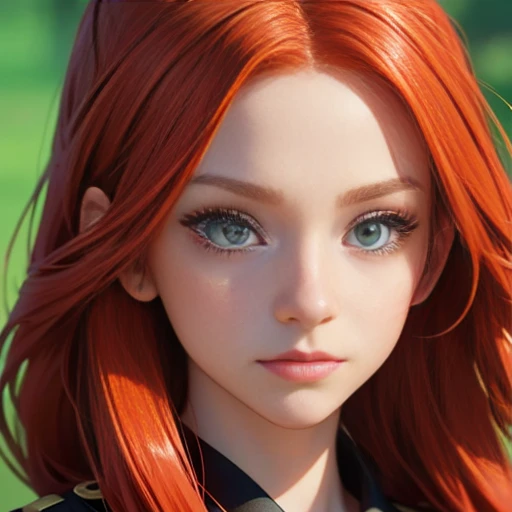 Close-up of a redhead girl,  anime style, focusing on the intricate details of the face. The eyes should be a captivating green, creating a contrast with the fiery red hair. The background is of a simple, uniform color to not distract from the subject, vie...