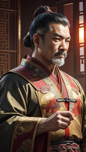 oriental、Middle-aged man wearing ancient Chinese clothes、ancient chinese hairstyle middle age、three kingdom、multiple warlords、top-quality、​masterpiece、超A high resolution、(Photorealsitic:1.4)、Game Posters、Inside the building、