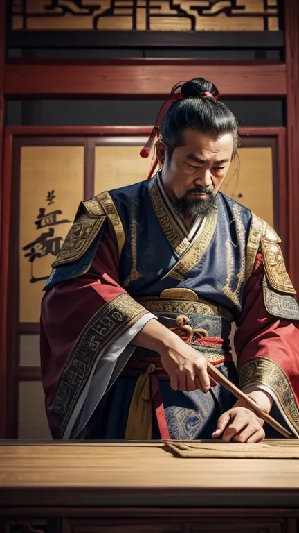 oriental、Middle-aged man wearing ancient Chinese clothes、ancient chinese hairstyle middle age、three kingdom、multiple warlords、top-quality、​masterpiece、超A high resolution、(Photorealsitic:1.4)、Game Posters、Inside the building、